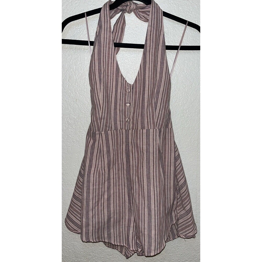 Wild Honey Halter Top Shorts Romper Jumpsuit Women Sz Small Pink Pinned Stripe